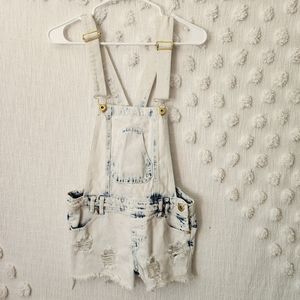 Highway Jeans Cream Acid-Wash Denim Short Overalls